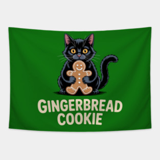 Cute Black Cat with Gingerbread Cookie Christmas Humor Tapestry