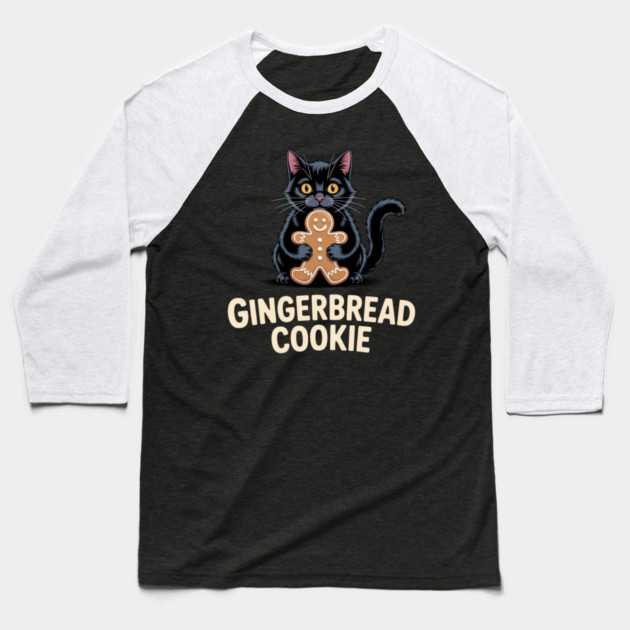 Cute Black Cat with Gingerbread Cookie Christmas Humor Baseball T-Shirt by Creatifly Graphic Tees