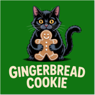 Cute Black Cat with Gingerbread Cookie Christmas Humor Posters and Art