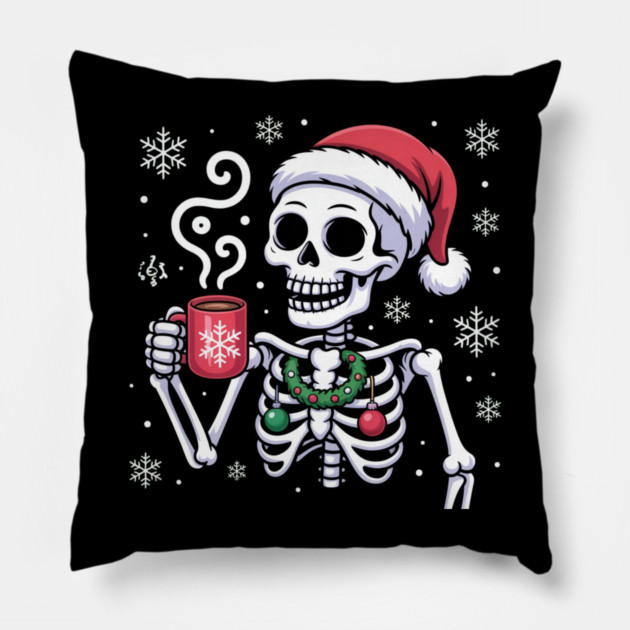 Christmas Skeleton with Santa Hat and Hot Coffee Pillow by Creatifly Graphic Tees