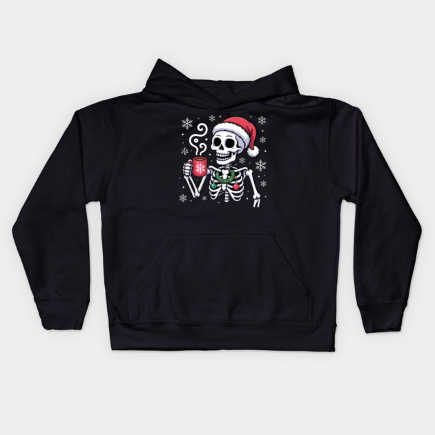 Christmas Skeleton with Santa Hat and Hot Coffee Kids Hoodie by Creatifly Graphic Tees
