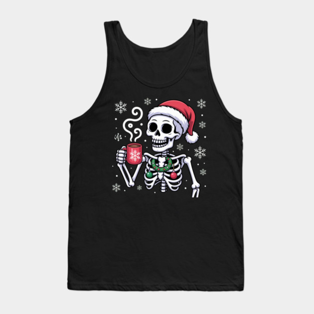 Christmas Skeleton with Santa Hat and Hot Coffee Tank Top by Creatifly Graphic Tees