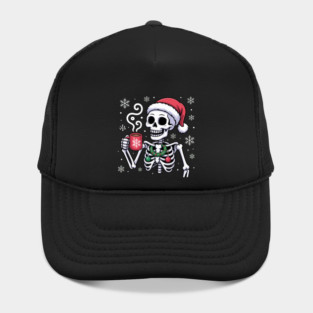 Christmas Skeleton with Santa Hat and Hot Coffee Hat