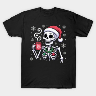 Christmas Skeleton with Santa Hat and Hot Coffee T-Shirt