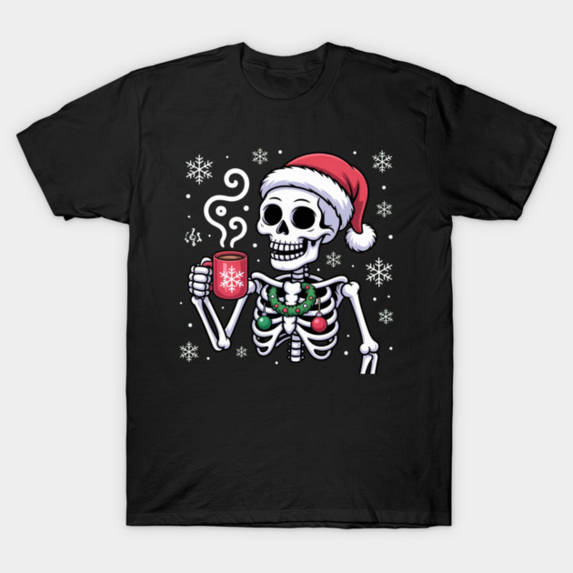 Christmas Skeleton with Santa Hat and Hot Coffee T-Shirt by Creatifly Graphic Tees