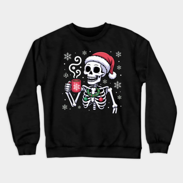 Christmas Skeleton with Santa Hat and Hot Coffee Crewneck Sweatshirt by Creatifly Graphic Tees