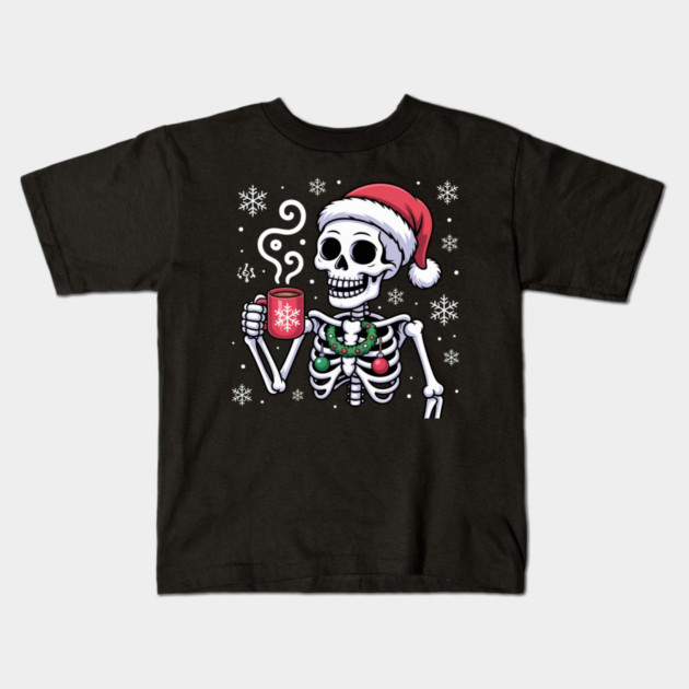 Christmas Skeleton with Santa Hat and Hot Coffee Kids T-Shirt by Creatifly Graphic Tees