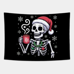Christmas Skeleton with Santa Hat and Hot Coffee Tapestry