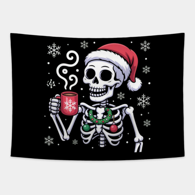 Christmas Skeleton with Santa Hat and Hot Coffee Tapestry by Creatifly Graphic Tees