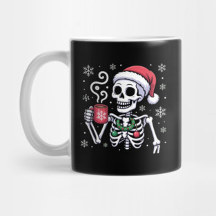Christmas Skeleton with Santa Hat and Hot Coffee Mug