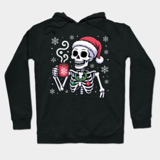 Christmas Skeleton with Santa Hat and Hot Coffee Hoodie