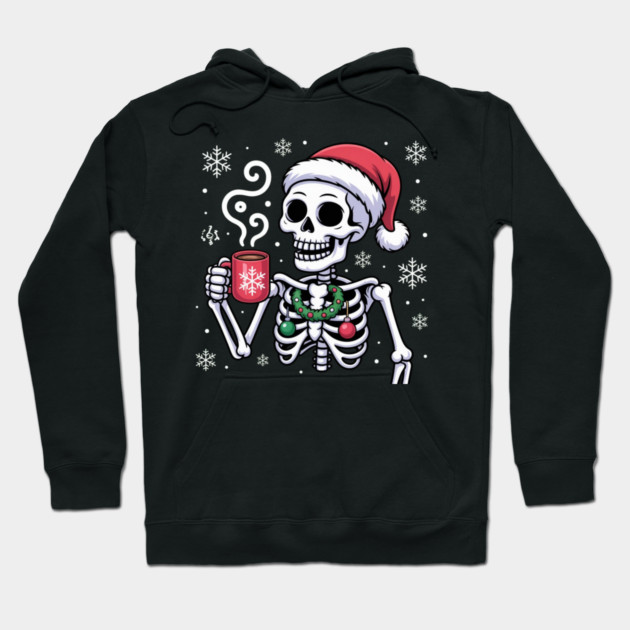 Christmas Skeleton with Santa Hat and Hot Coffee Hoodie by Creatifly Graphic Tees