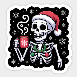 Christmas Skeleton with Santa Hat and Hot Coffee Sticker