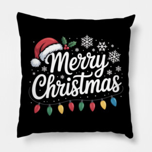 Merry Christmas Lights and Santa Hat Holiday Greeting Pillow