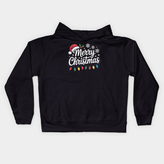 Merry Christmas Lights and Santa Hat Holiday Greeting Kids Hoodie by Creatifly Graphic Tees