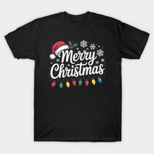 Merry Christmas Lights and Santa Hat Holiday Greeting T-Shirt
