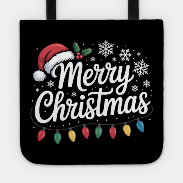 Merry Christmas Lights and Santa Hat Holiday Greeting Tote by Creatifly Graphic Tees