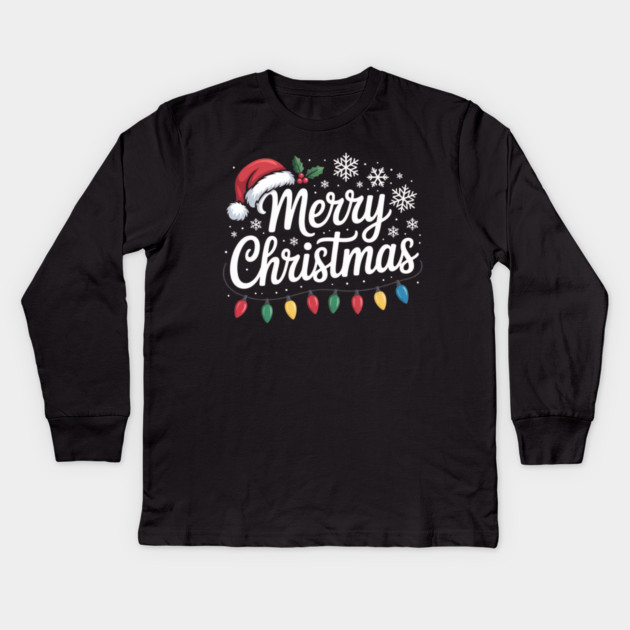 Merry Christmas Lights and Santa Hat Holiday Greeting Kids Long Sleeve T-Shirt by Creatifly Graphic Tees