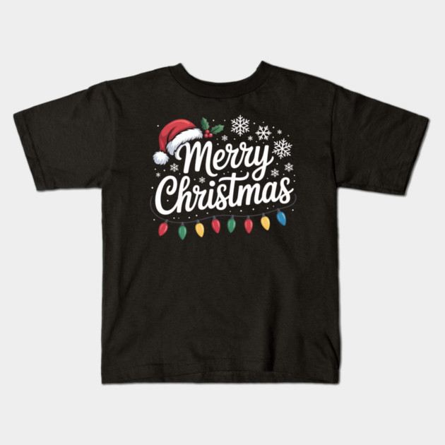 Merry Christmas Lights and Santa Hat Holiday Greeting Kids T-Shirt by Creatifly Graphic Tees