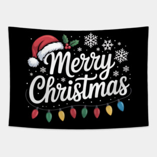 Merry Christmas Lights and Santa Hat Holiday Greeting Tapestry