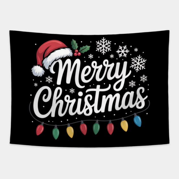 Merry Christmas Lights and Santa Hat Holiday Greeting Tapestry by Creatifly Graphic Tees