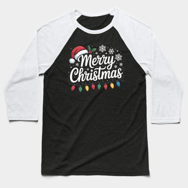 Merry Christmas Lights and Santa Hat Holiday Greeting Baseball T-Shirt by Creatifly Graphic Tees
