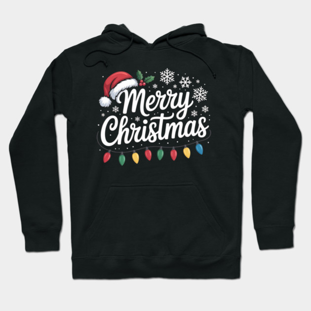 Merry Christmas Lights and Santa Hat Holiday Greeting Hoodie by Creatifly Graphic Tees