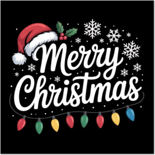 Merry Christmas Lights and Santa Hat Holiday Greeting Posters and Art
