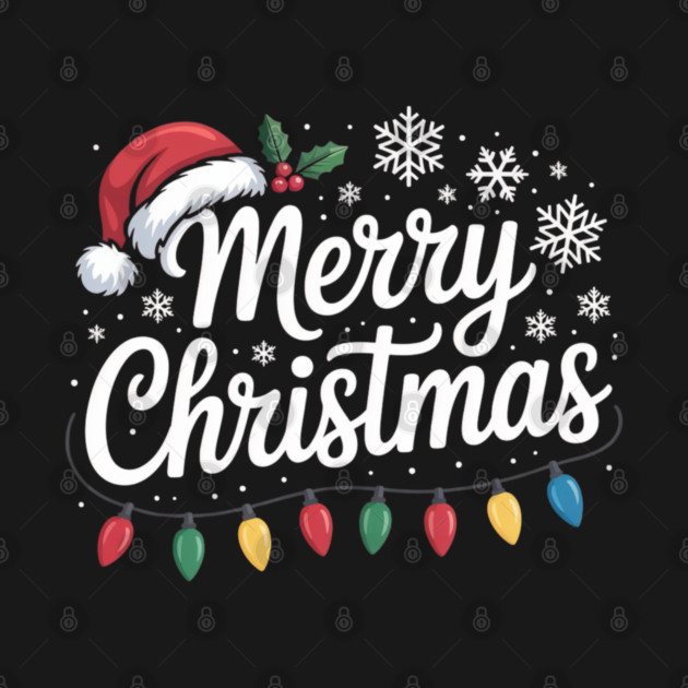 Merry Christmas Lights and Santa Hat Holiday Greeting by Creatifly Graphic Tees