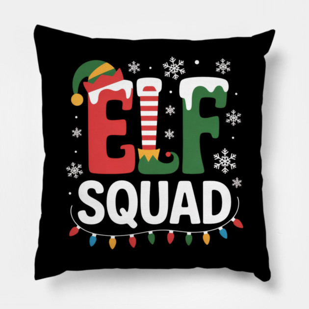 Elf Squad Christmas Lights and Snowflakes Holiday Pillow by Creatifly Graphic Tees