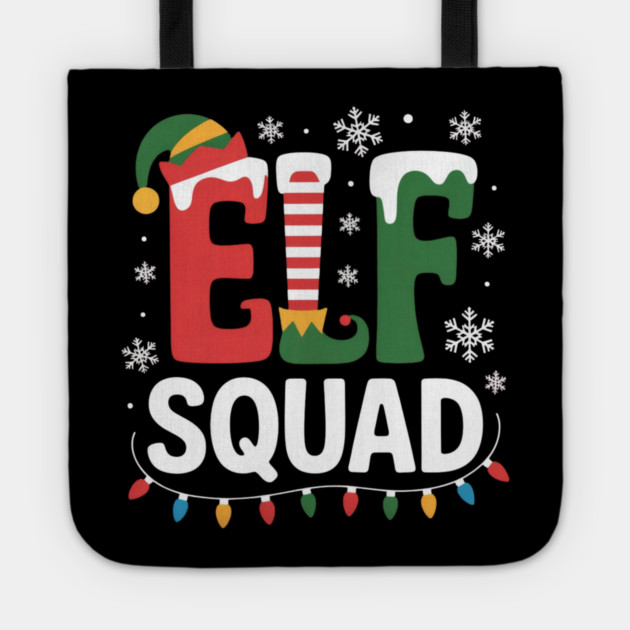 Elf Squad Christmas Lights and Snowflakes Holiday Tote by Creatifly Graphic Tees