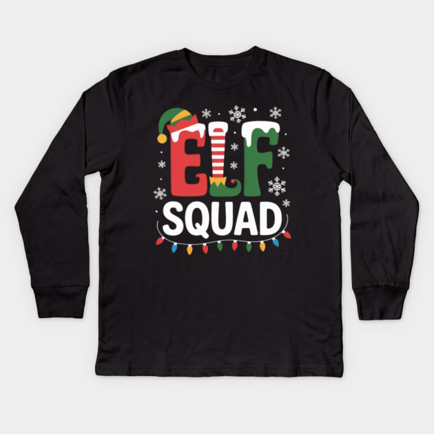 Elf Squad Christmas Lights and Snowflakes Holiday Kids Long Sleeve T-Shirt by Creatifly Graphic Tees