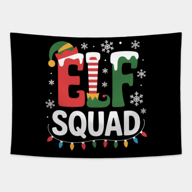 Elf Squad Christmas Lights and Snowflakes Holiday Tapestry by Creatifly Graphic Tees