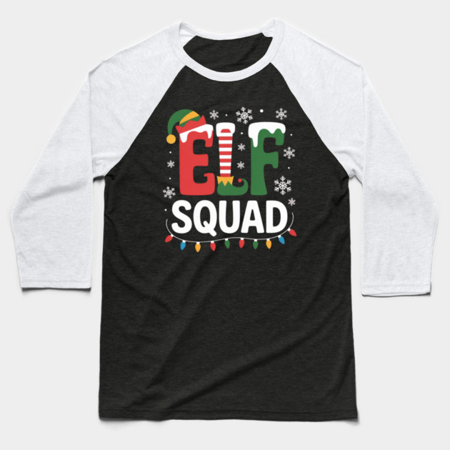 Elf Squad Christmas Lights and Snowflakes Holiday Baseball T-Shirt by Creatifly Graphic Tees