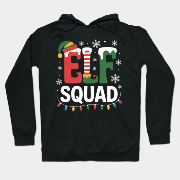 Elf Squad Christmas Lights and Snowflakes Holiday Hoodie by Creatifly Graphic Tees