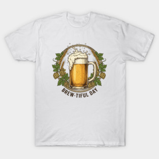 Brew-Tiful Day Vintage Craft Beer Mug Hops and Wheat Wreath Design T-Shirt
