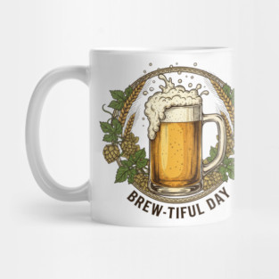 Brew-Tiful Day Vintage Craft Beer Mug Hops and Wheat Wreath Design Mug