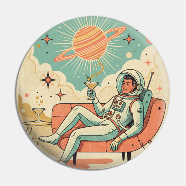 Cosmic Lounge – Retro-Futuristic Astronaut Martini in Mid-Century Style Pin by Vintage Retro Prints by RDR Design