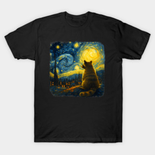 Raccoon Watching Starry Night Sky Moon Artistic Scene Animal T-Shirt