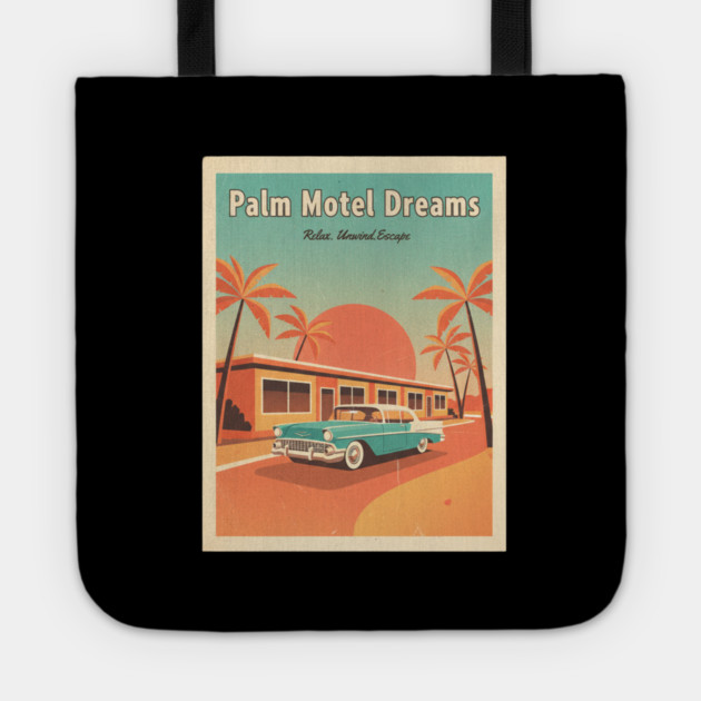 Palm Motel Dreams – 1950s Sunset Travel Poster in Vintage Americana Style Tote by Vintage Retro Prints by RDR Design