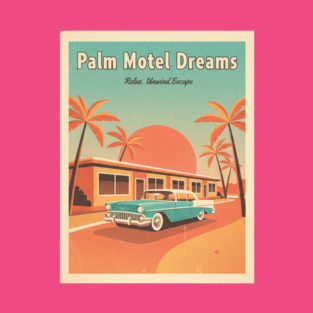 Palm Motel Dreams – 1950s Sunset Travel Poster in Vintage Americana Style T-Shirt