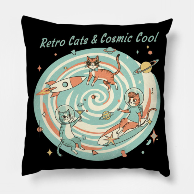 Retro Cats & Cosmic Cool – Vintage Space Cats in Atomic Style for Retro Lovers Pillow by Vintage Retro Prints by RDR Design