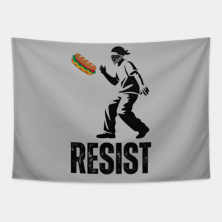 Sandwich Thrower Resist – Street Art Style Protest Parody Tapestry