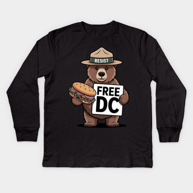 Resist Bear Holding A Sandwich And Free DC Sign Kids Long Sleeve T-Shirt by Creatifly Graphic Tees