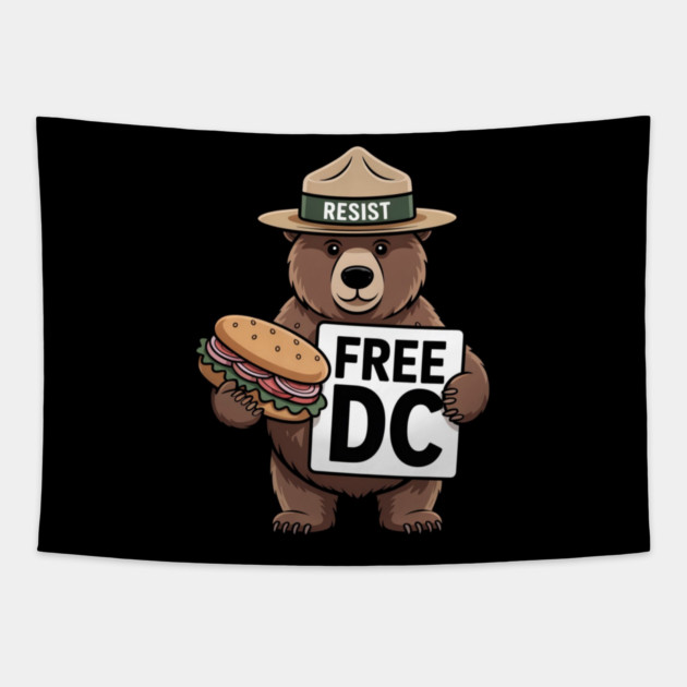 Resist Bear Holding A Sandwich And Free DC Sign Tapestry by Creatifly Graphic Tees