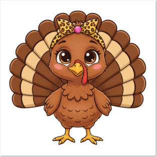 Thanksgiving Turkey for Women – Cute Leopard-Bow Cartoon Posters and Art