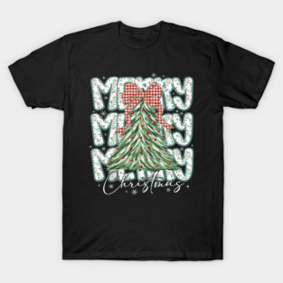 Preppy Merry Christmas Lace Bow Coquette Tree Holiday Retro Design T-Shirt