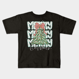 Preppy Merry Christmas Lace Bow Coquette Tree Holiday Retro Design Kids T-Shirt