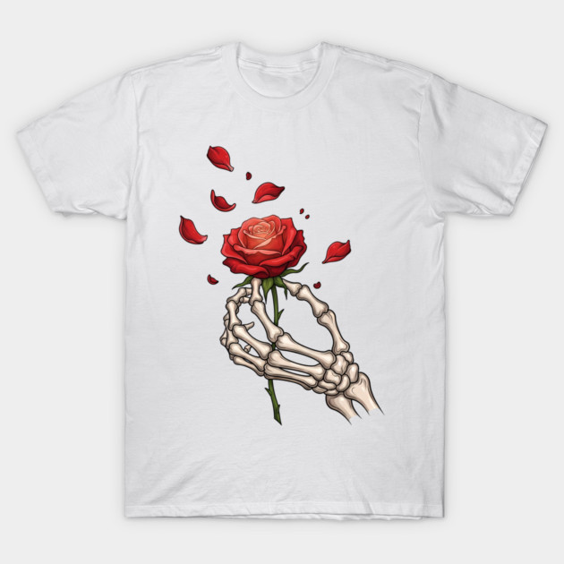 Skeleton Hand Holding Red Rose With Falling Petals