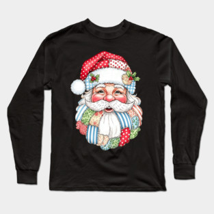 Vintage Preppy Santa Patchwork Face Retro Christmas Holiday Design Long Sleeve T-Shirt